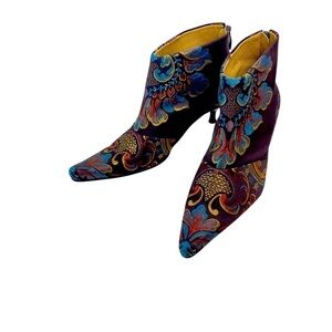 ROCKWELL THARP Signed Brocade Booties Chocolate Gold Turquoise Size 38